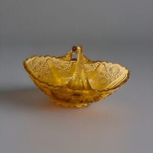 Vintage Fenton Honey Amber Daisy Button Glass Basket with Split Twig Handle MCM